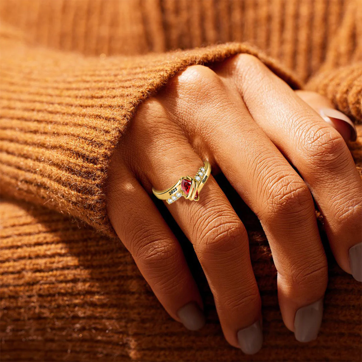 Personalized Memorial Birthstone Ring with Engraved Text - Image 3
