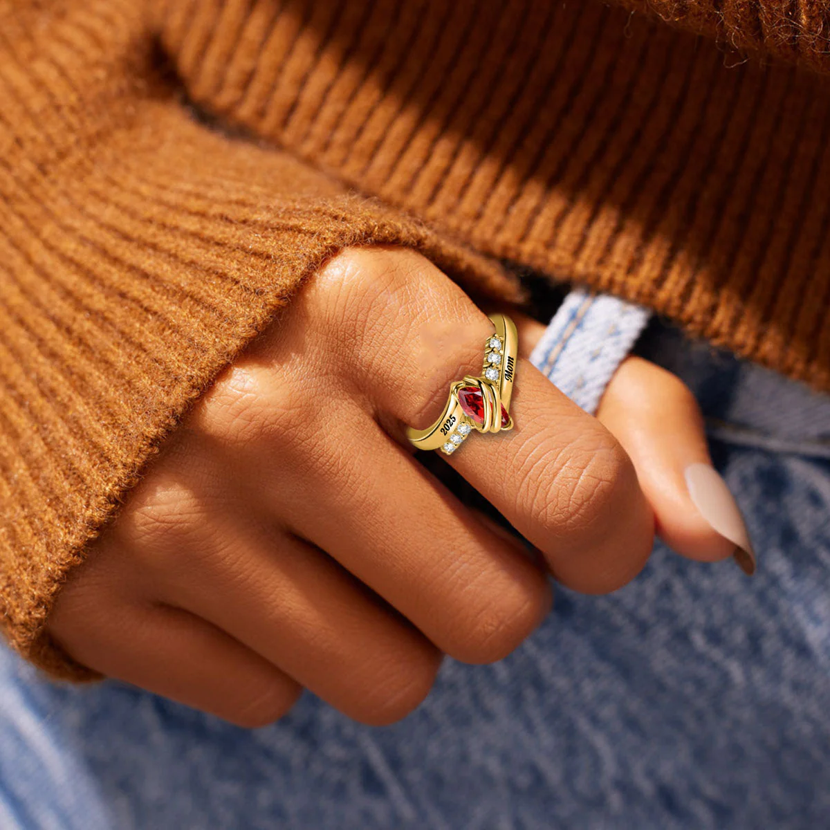 Personalized Memorial Birthstone Ring with Engraved Text - Image 6