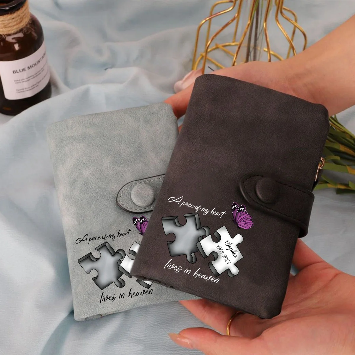 Personalized Memorial Butterfly Leather Wallet - A Piece Of My Heart Lives In Heaven - Image 12