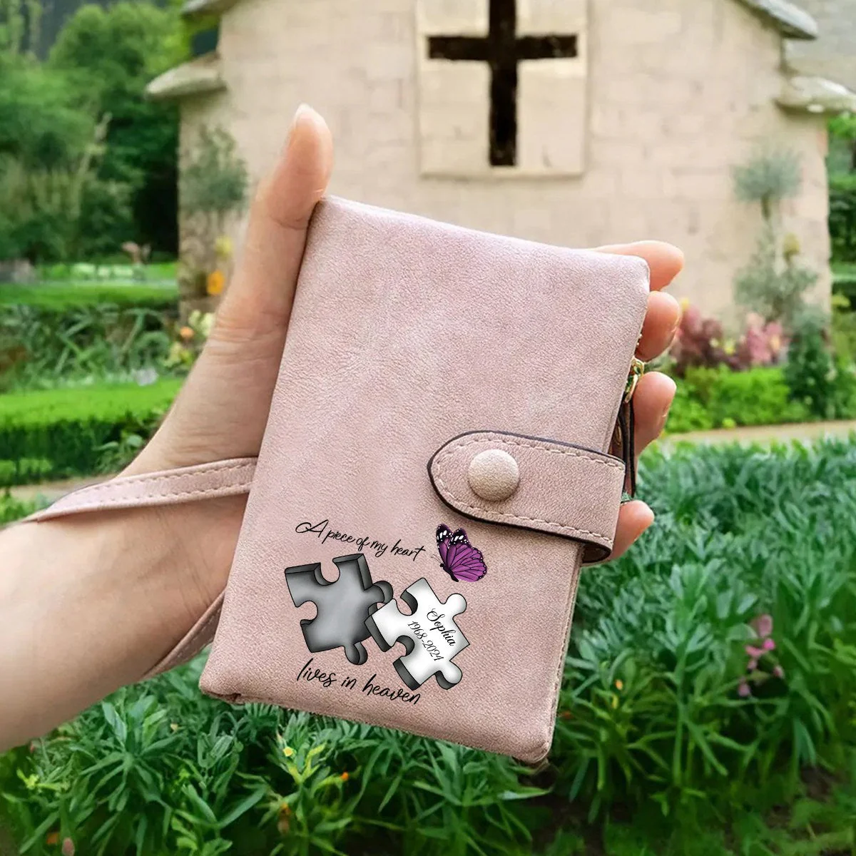 Personalized Memorial Butterfly Leather Wallet - A Piece Of My Heart Lives In Heaven - Image 3