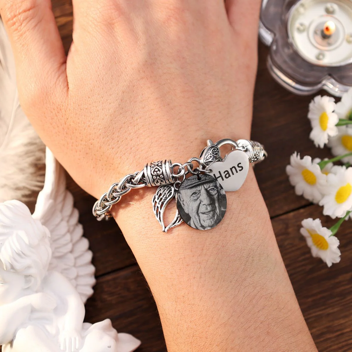 Personalized Memorial Heart Antique Bracelet with photo and engraved name - Image 2