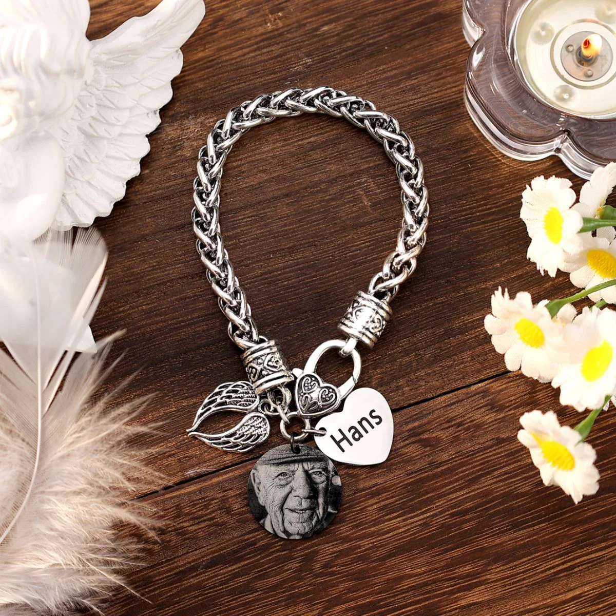 Personalized Memorial Heart Antique Bracelet with photo and engraved name - Image 4