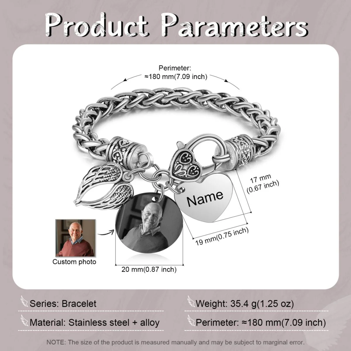 Personalized Memorial Heart Antique Bracelet with photo and engraved name - Image 5
