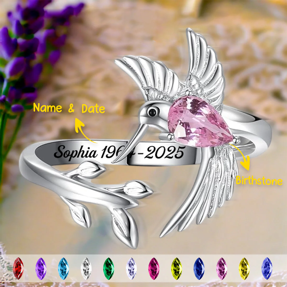 Personalized Memorial Hummingbird Leaf Ring - Those we love don't go away they fly beside us every day - Image 2