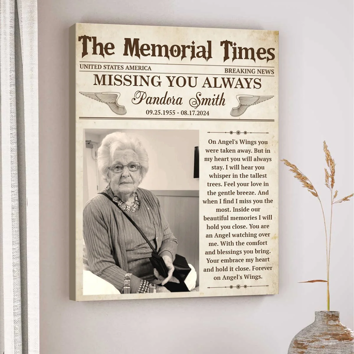 Personalized Memorial Newspaper Canvas Poster,Missing You Always Gift - Image 2
