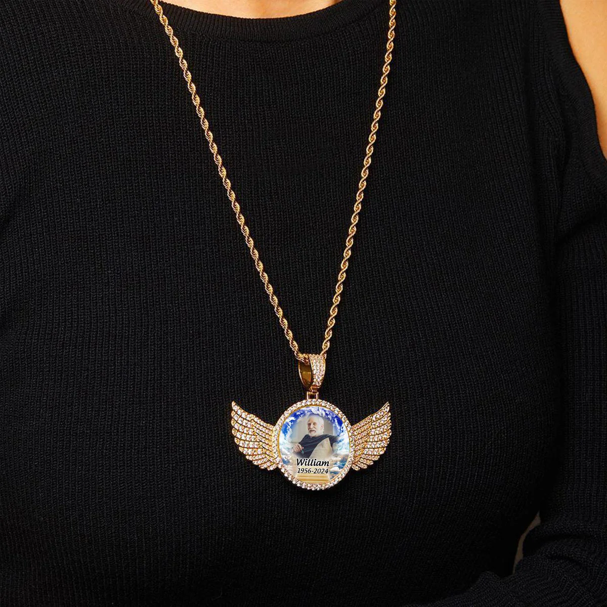 Personalized Memorial Photo Necklace with Wings - Image 5