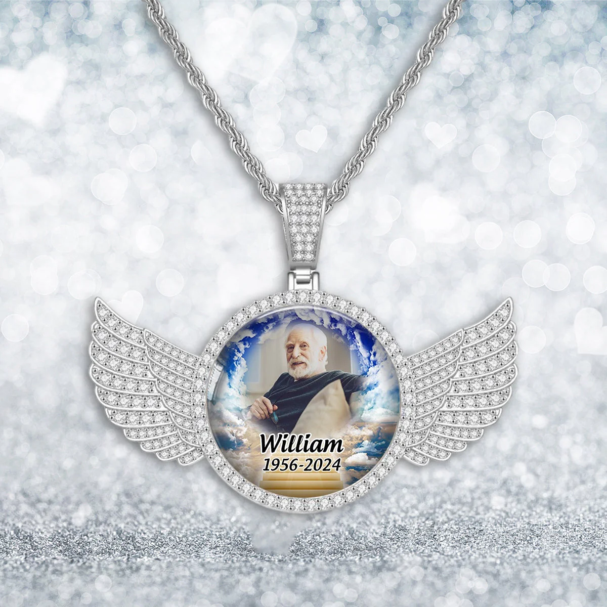 Personalized Memorial Photo Necklace with Wings - Image 7