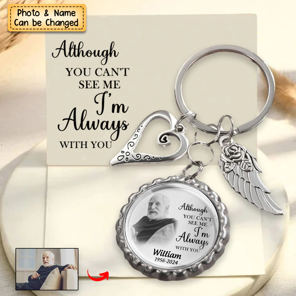 Personalized Memorial Photo Small Disc Keychain With Wings Heart Charm - Image 2