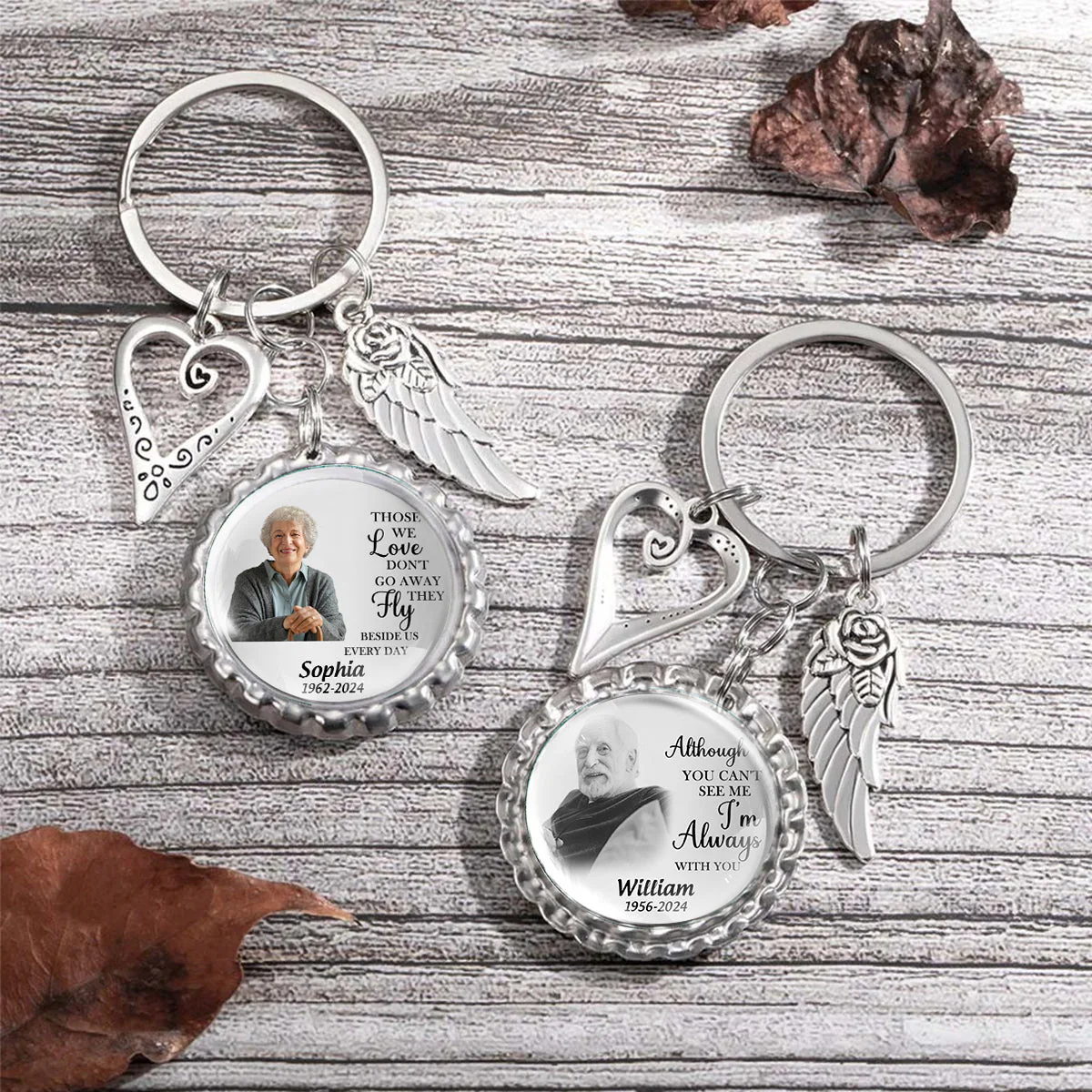 Personalized Memorial Photo Small Disc Keychain With Wings Heart Charm - Image 3