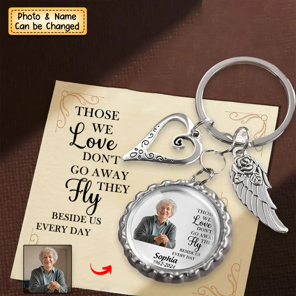 Personalized Memorial Photo Small Disc Keychain With Wings Heart Charm - Image 4