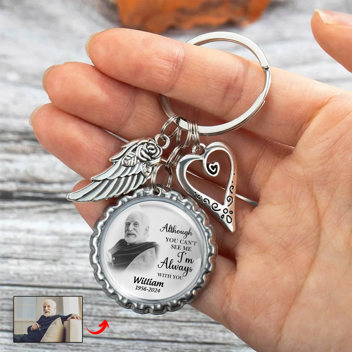 Personalized Memorial Photo Small Disc Keychain With Wings Heart Charm - Image 5