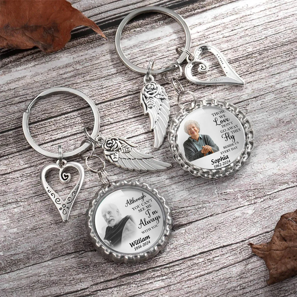 Personalized Memorial Photo Small Disc Keychain With Wings Heart Charm - Image 7