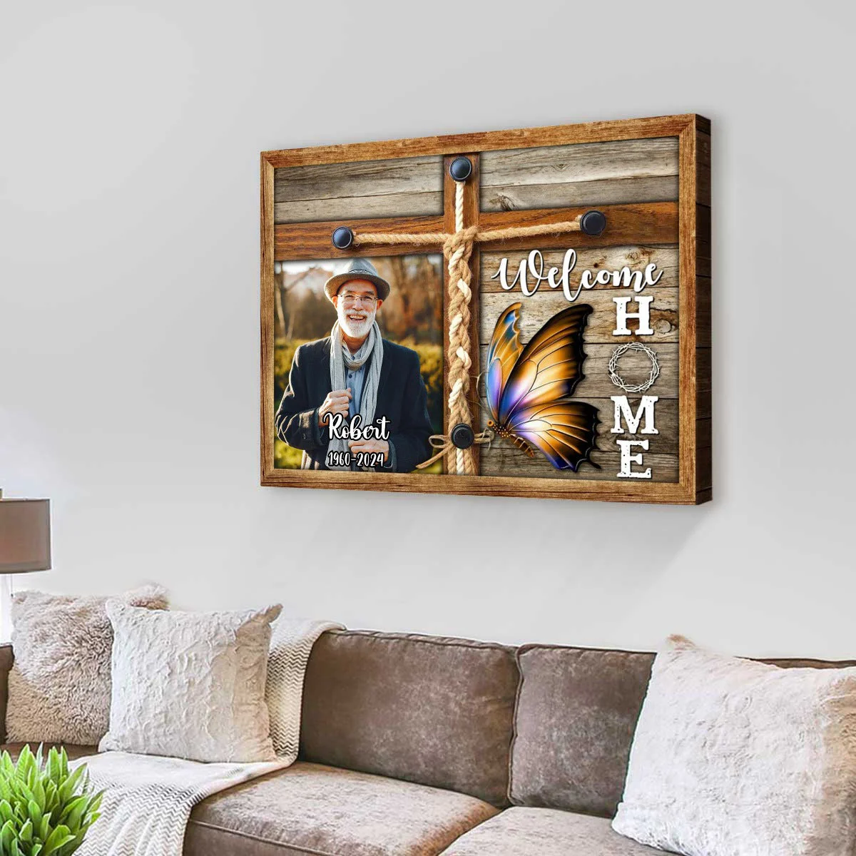 Personalized Memorial Photo Welcome Home Butterfly Cross Canvas Poster - Image 4