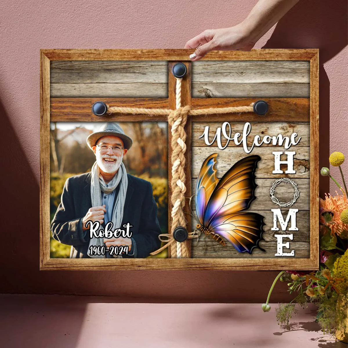Personalized Memorial Photo Welcome Home Butterfly Cross Canvas Poster - Image 5