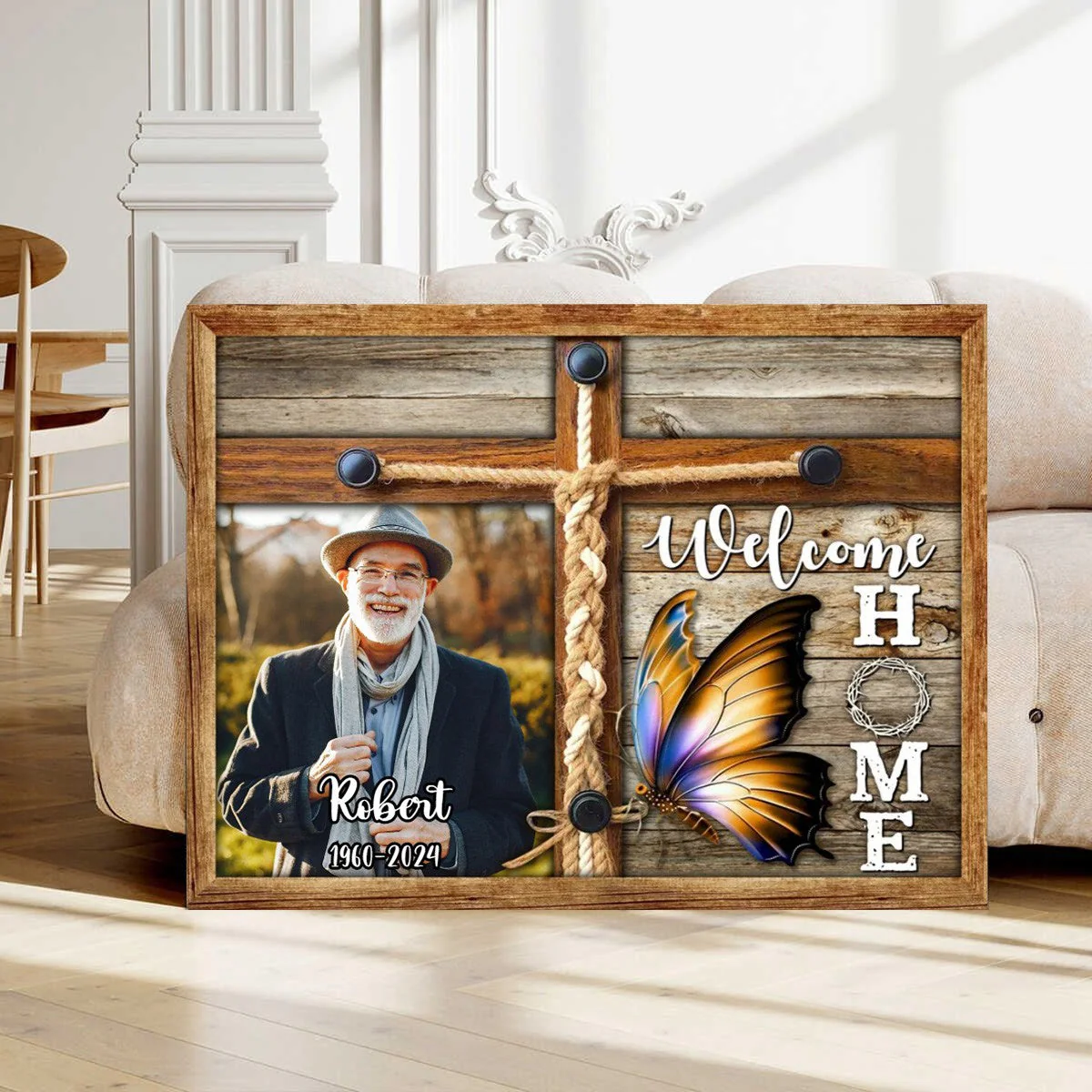 Personalized Memorial Photo Welcome Home Butterfly Cross Canvas Poster - Image 6