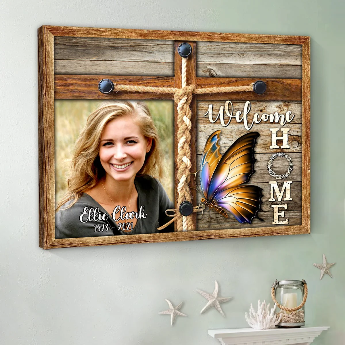 Personalized Memorial Photo Welcome Home Butterfly Cross Canvas Poster - Image 7