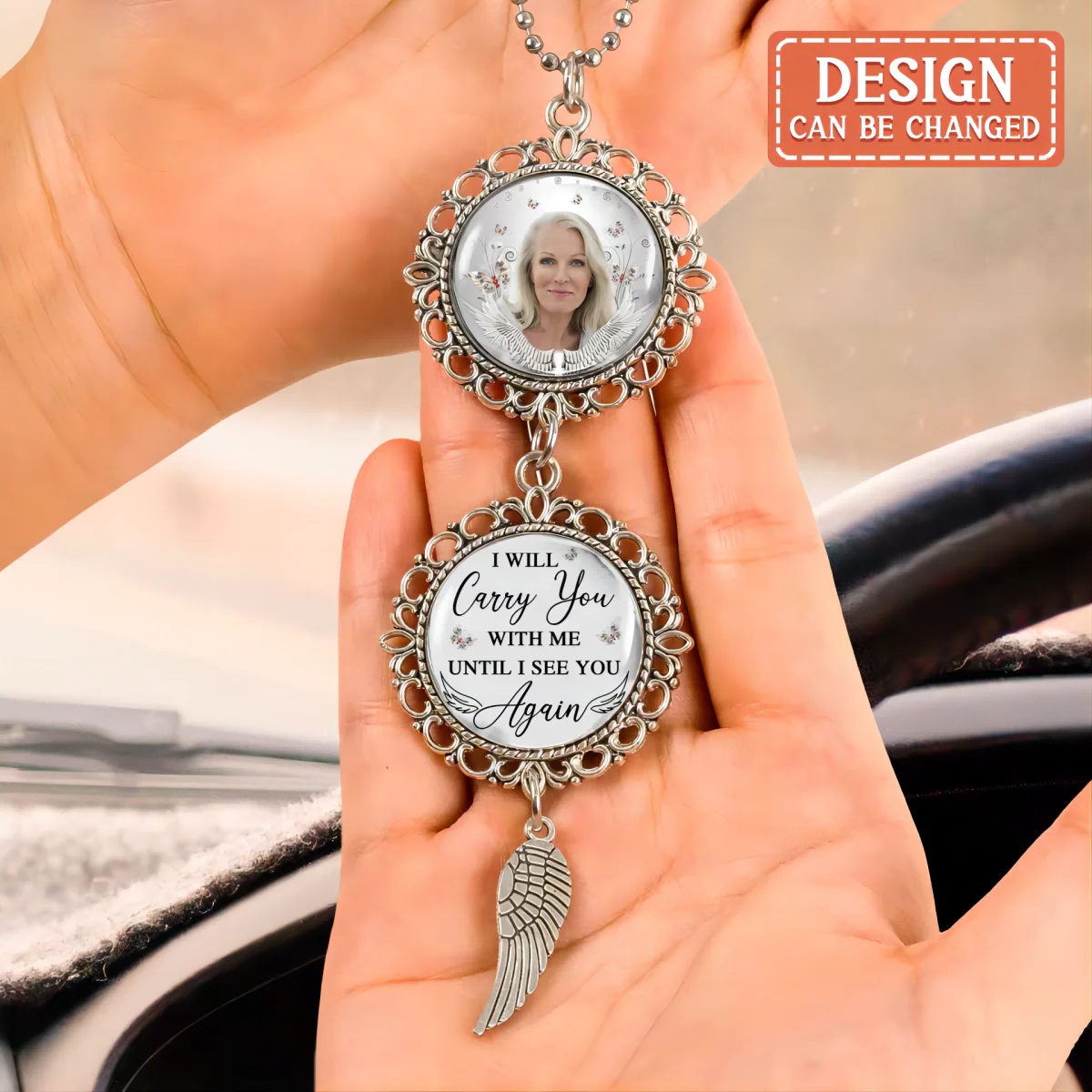 Personalized Memorial Photo Wings Car Charm Ornament - Image 2