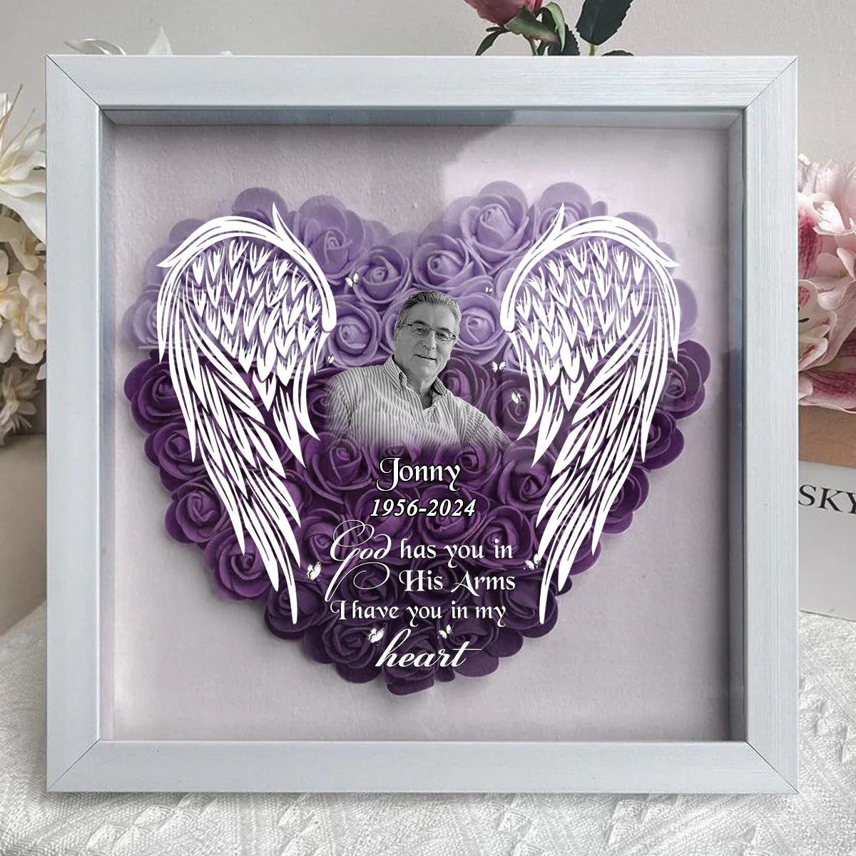 Personalized Memorial Photo Wings Flower Shadow Box - Image 2