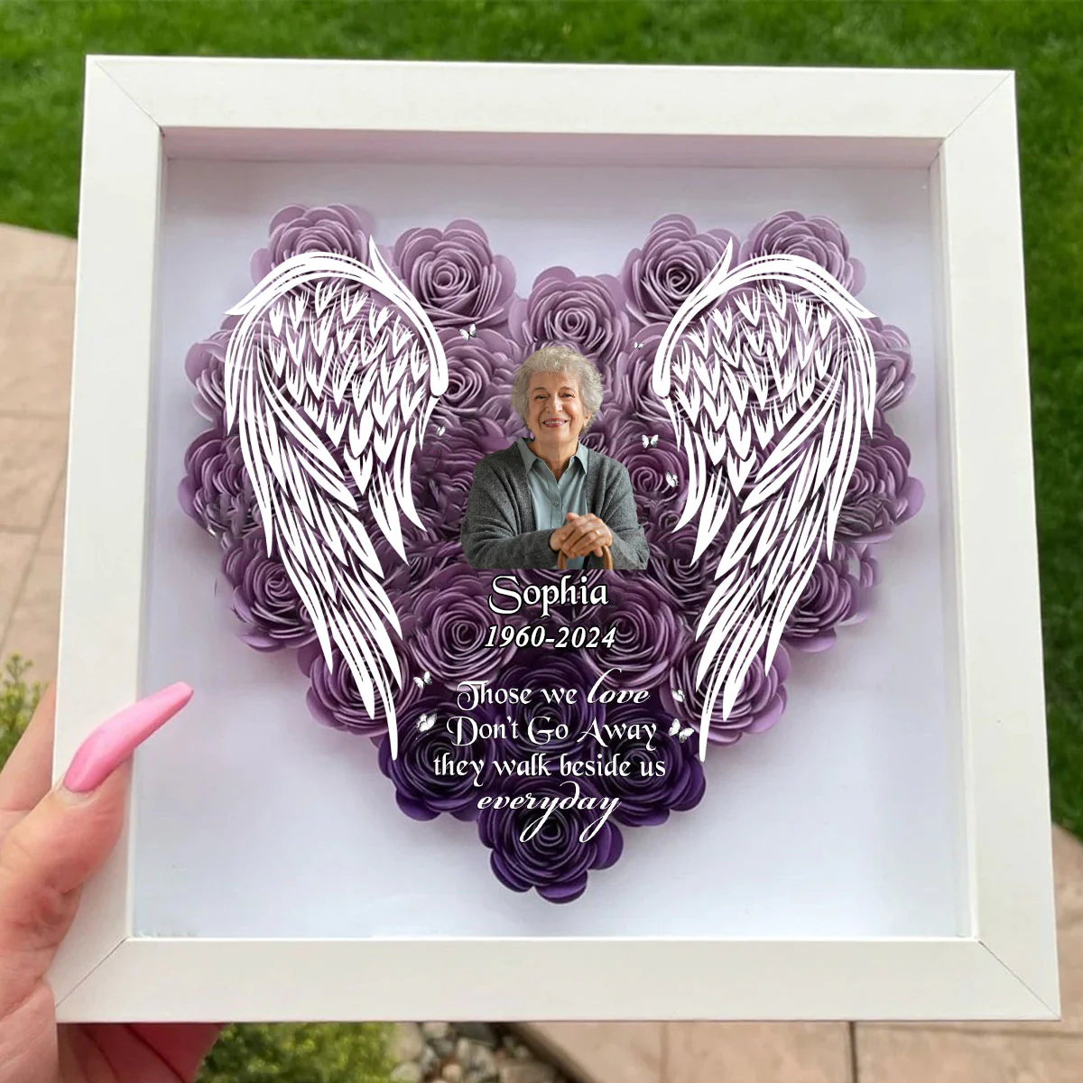 Personalized Memorial Photo Wings Flower Shadow Box - Image 3