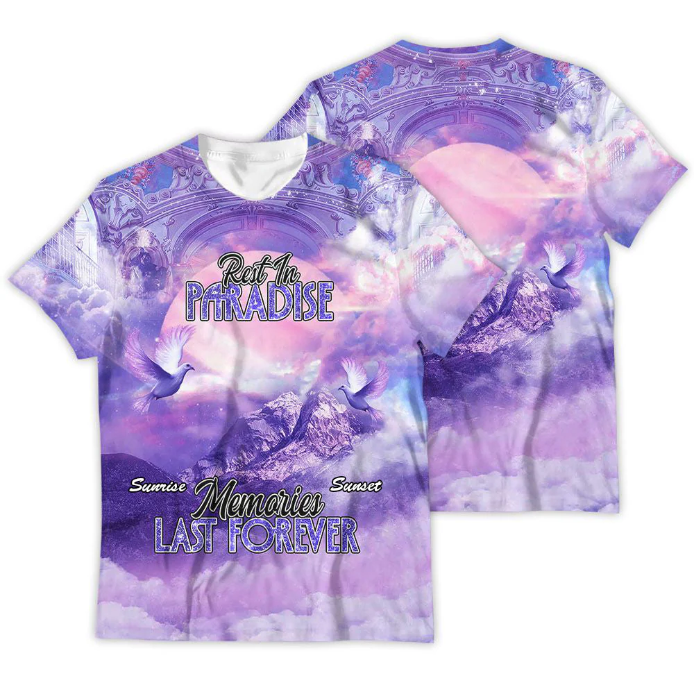Personalized Memorial Shirt Heaven Jesus Blue Rest In Paradise Memories Last Forever 3D T-Shirt - Image 3