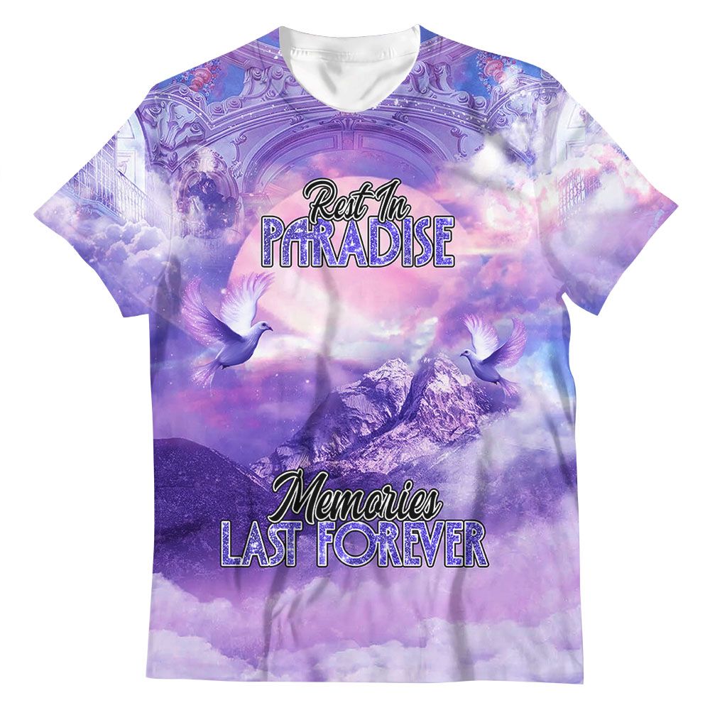 Personalized Memorial Shirt Heaven Jesus Blue Rest In Paradise Memories Last Forever 3D T-Shirt - Image 5