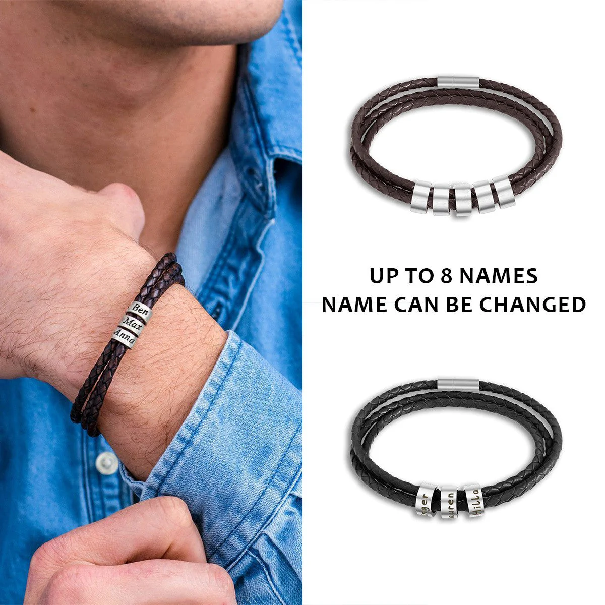 Personalized Men Braided Leather Bracelet with Small Custom Beads - Image 10