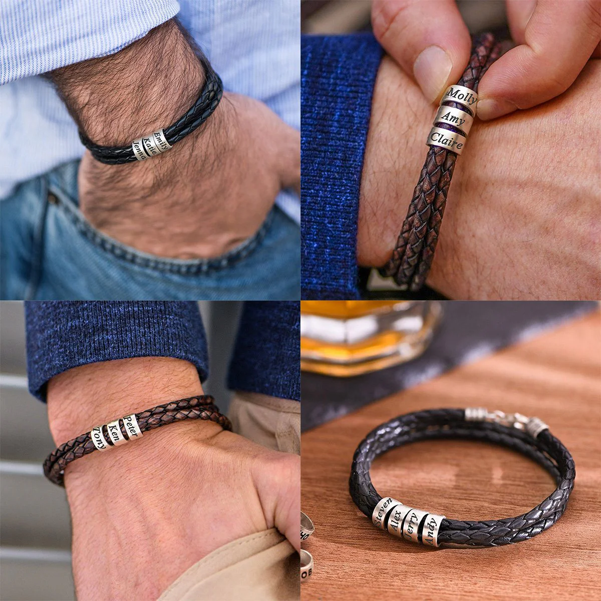 Personalized Men Braided Leather Bracelet with Small Custom Beads - Image 11