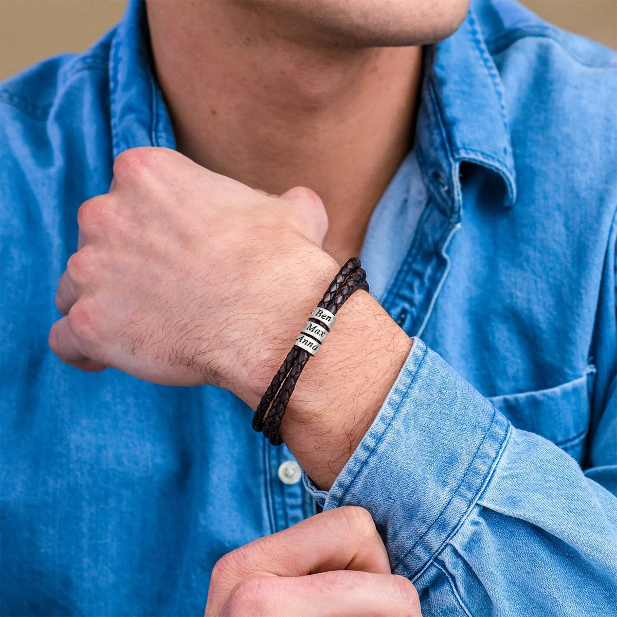 Personalized Men Braided Leather Bracelet with Small Custom Beads - Image 3