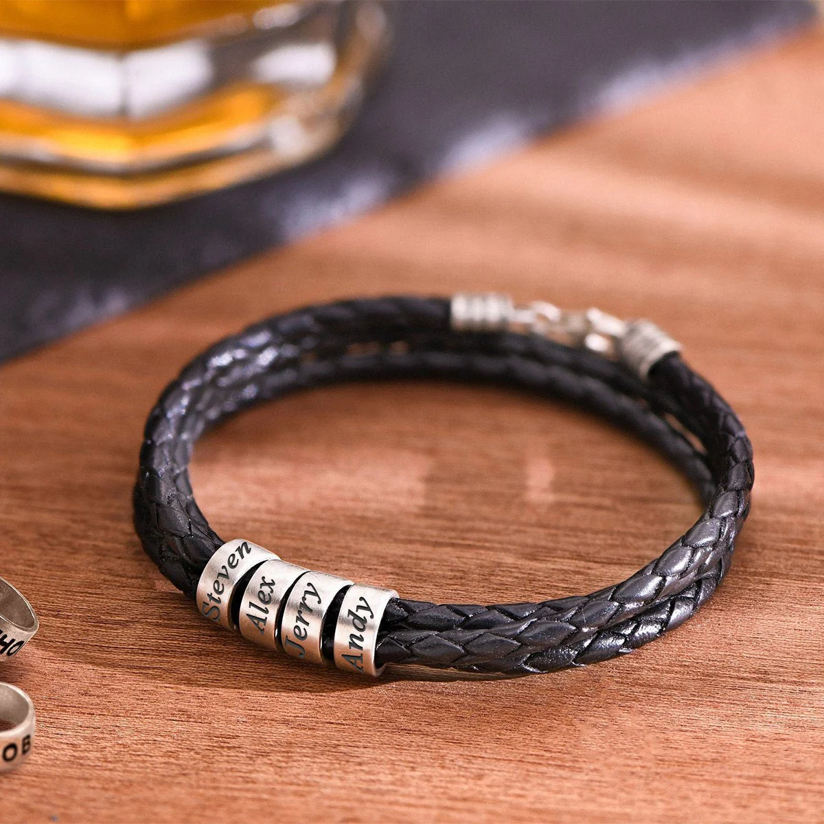 Personalized Men Braided Leather Bracelet with Small Custom Beads - Image 5
