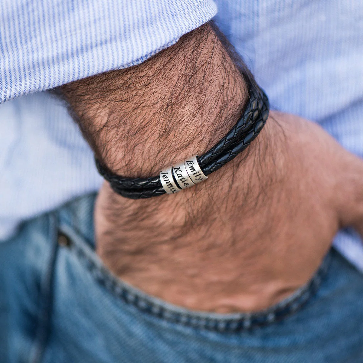 Personalized Men Braided Leather Bracelet with Small Custom Beads - Image 6