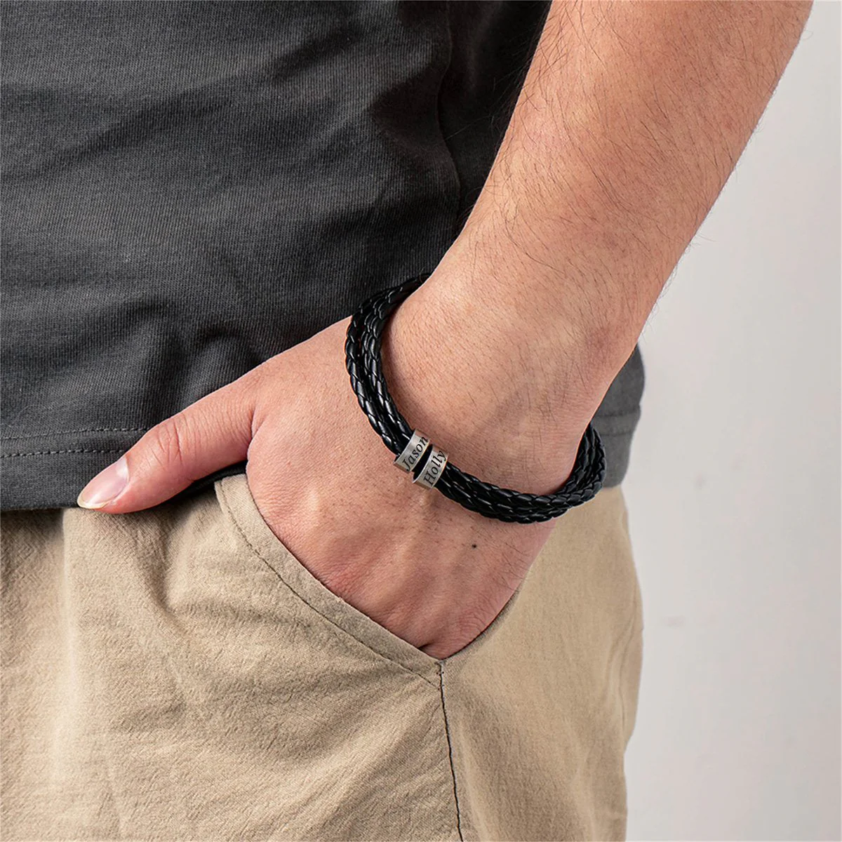 Personalized Men Braided Leather Bracelet with Small Custom Beads - Image 7