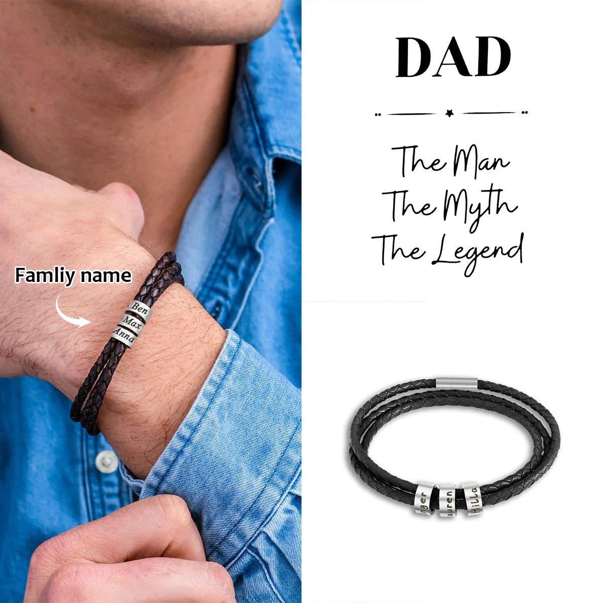 Personalized Men Braided Leather Bracelet with Small Custom Beads - Image 9