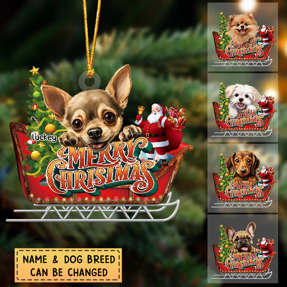 Personalized Merry Christmas Dog is on a Sled Acrylic Ornament