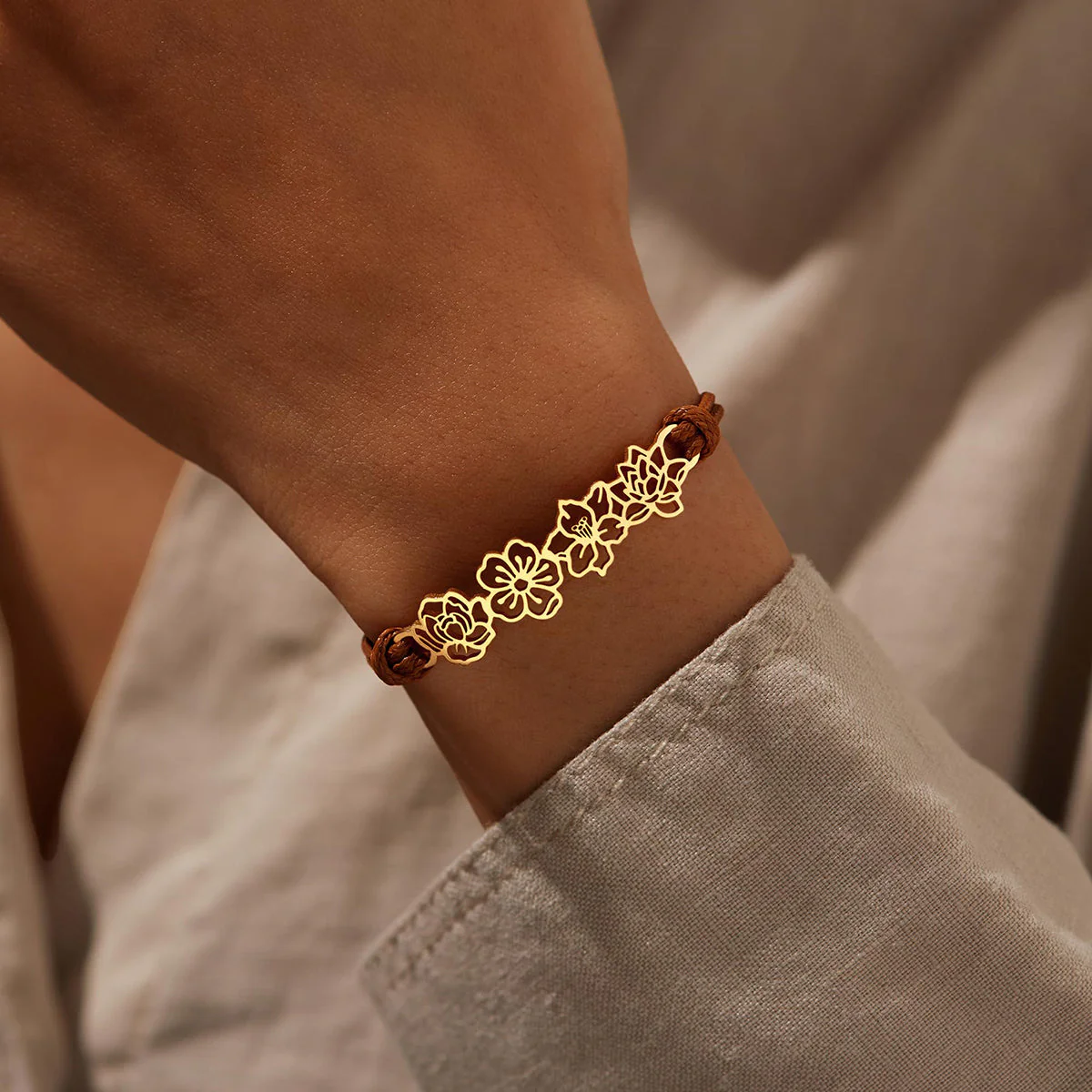 Personalized Minimalist Adjustable 1-8 Birth Flower Waxed Line Bracelet - Gift for Family/Mom/Friend/Sister - Image 2