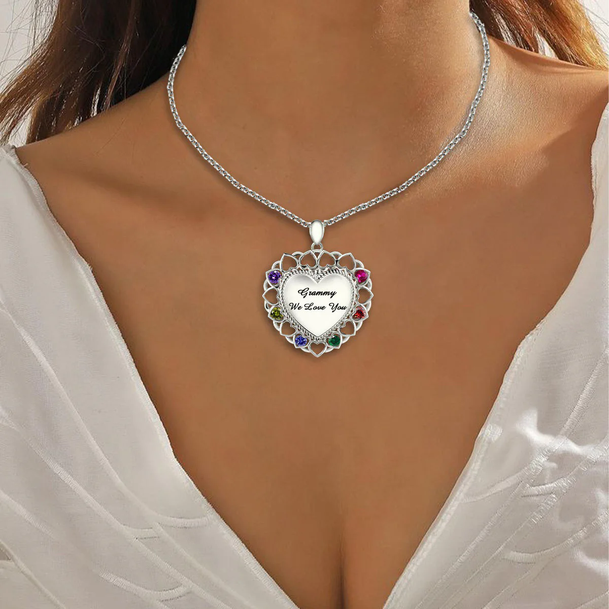 Personalized Mom or Grandma Heart Necklace with Kid's Birthstones - Image 3