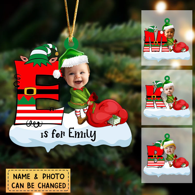 Personalized Monogram Alphabet Kid Photo Elf Christmas Ornament