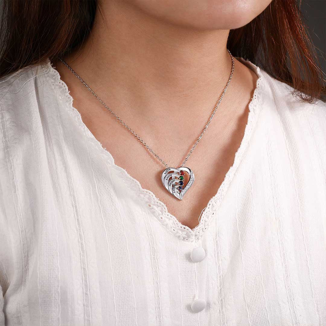 Personalized Mother 2/3/4 BirthStones Names Family Heart Necklace - Image 3
