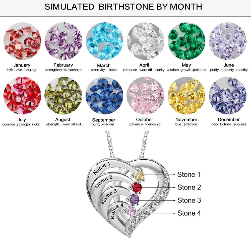Personalized Mother 2/3/4 BirthStones Names Family Heart Necklace - Image 4