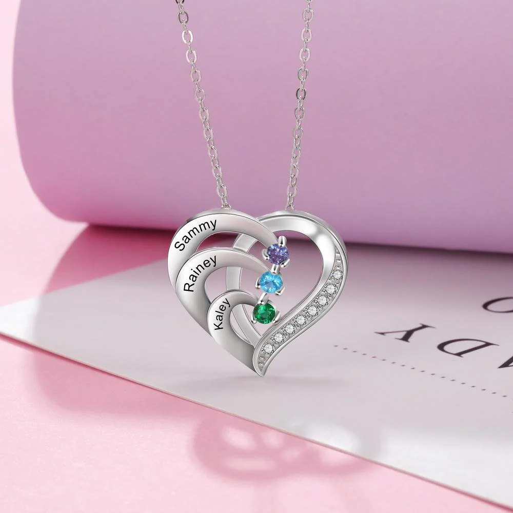 Personalized Mother 2/3/4 BirthStones Names Family Heart Necklace - Image 6