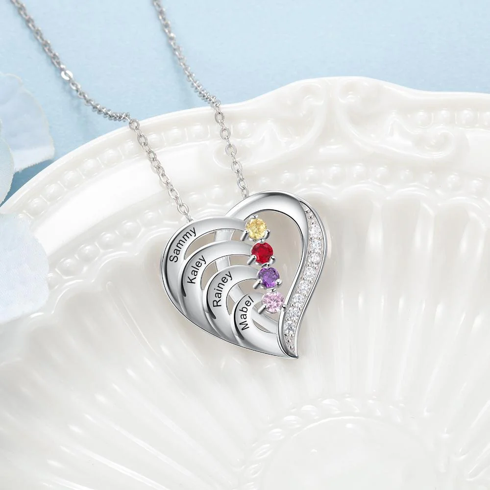 Personalized Mother 2/3/4 BirthStones Names Family Heart Necklace - Image 7