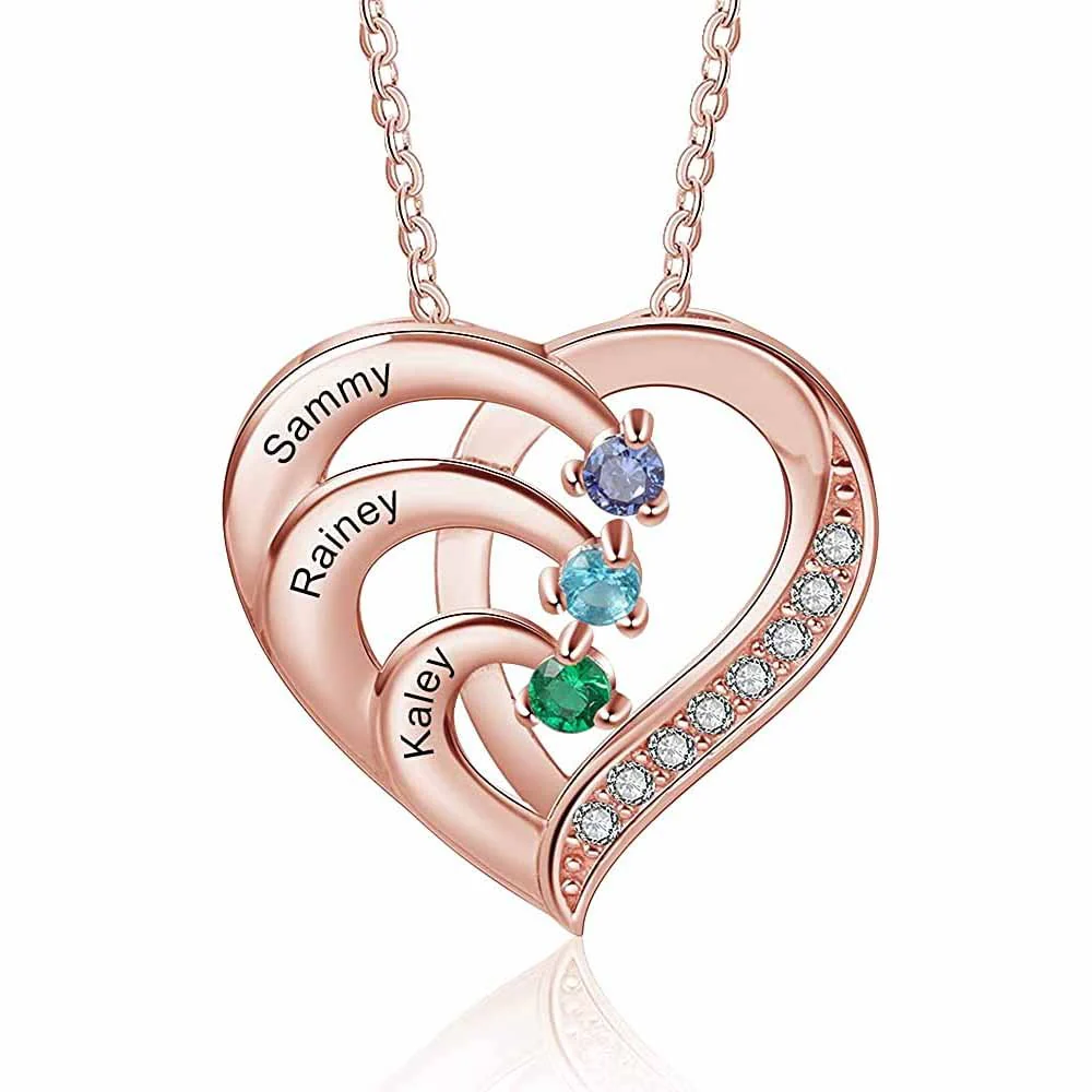Personalized Mother 2/3/4 BirthStones Names Family Heart Necklace - Image 9