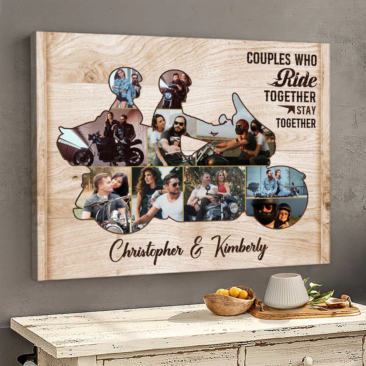 Personalized Motorcycle Couple Canvas, Custom Biker Couple Photo Collages - Image 2