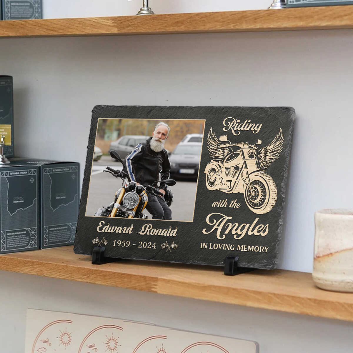 Personalized Motorcycle Memorial Stone Riding With The Angels Keepsake Gift - Image 3
