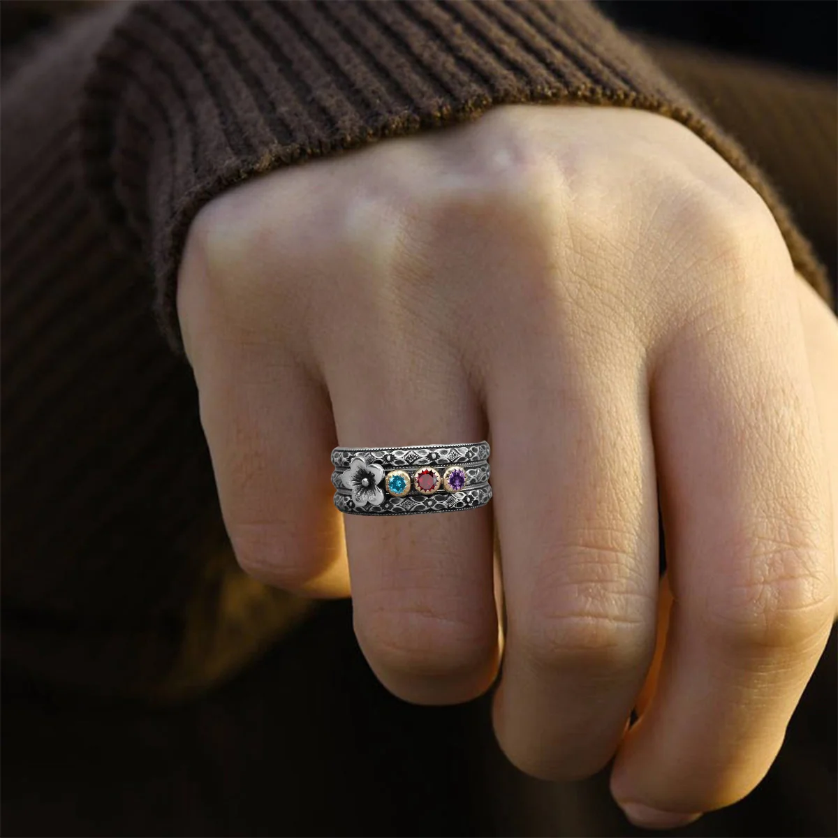 Personalized Multi Birthstone Flower Ring Set - Image 10