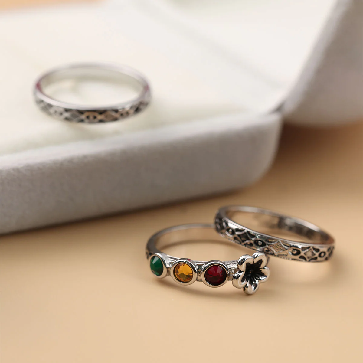 Personalized Multi Birthstone Flower Ring Set - Image 8