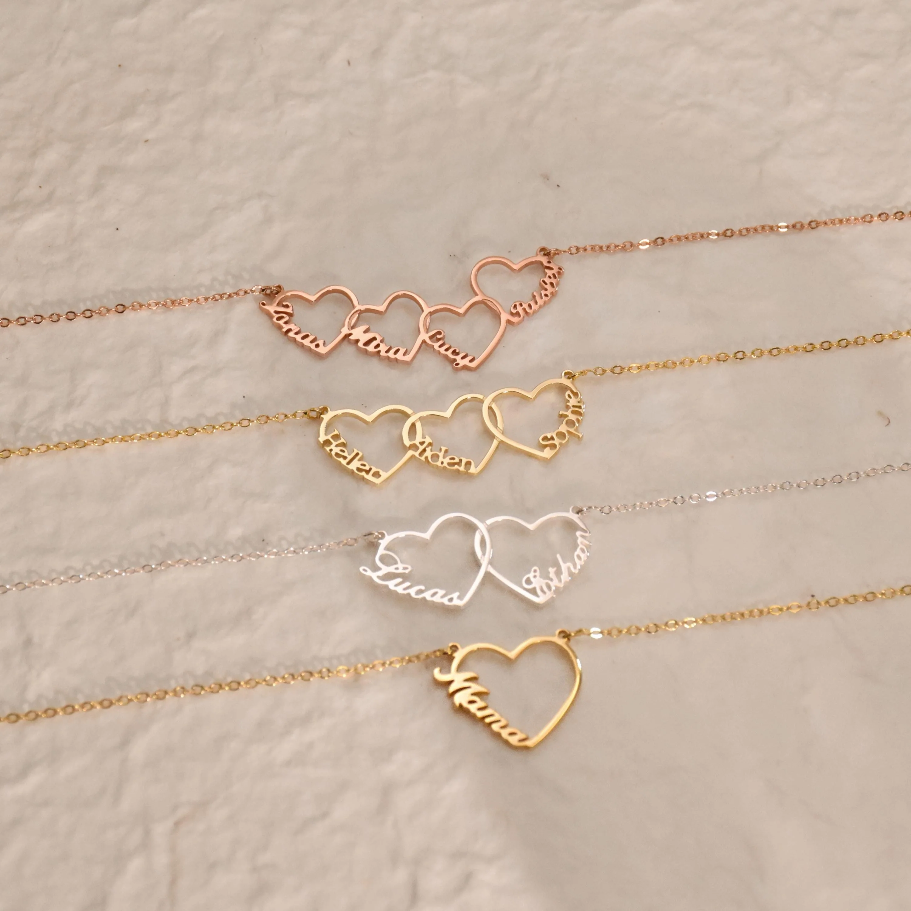 Personalized Multiple Heart Necklace Gift for Mom With Kids Names