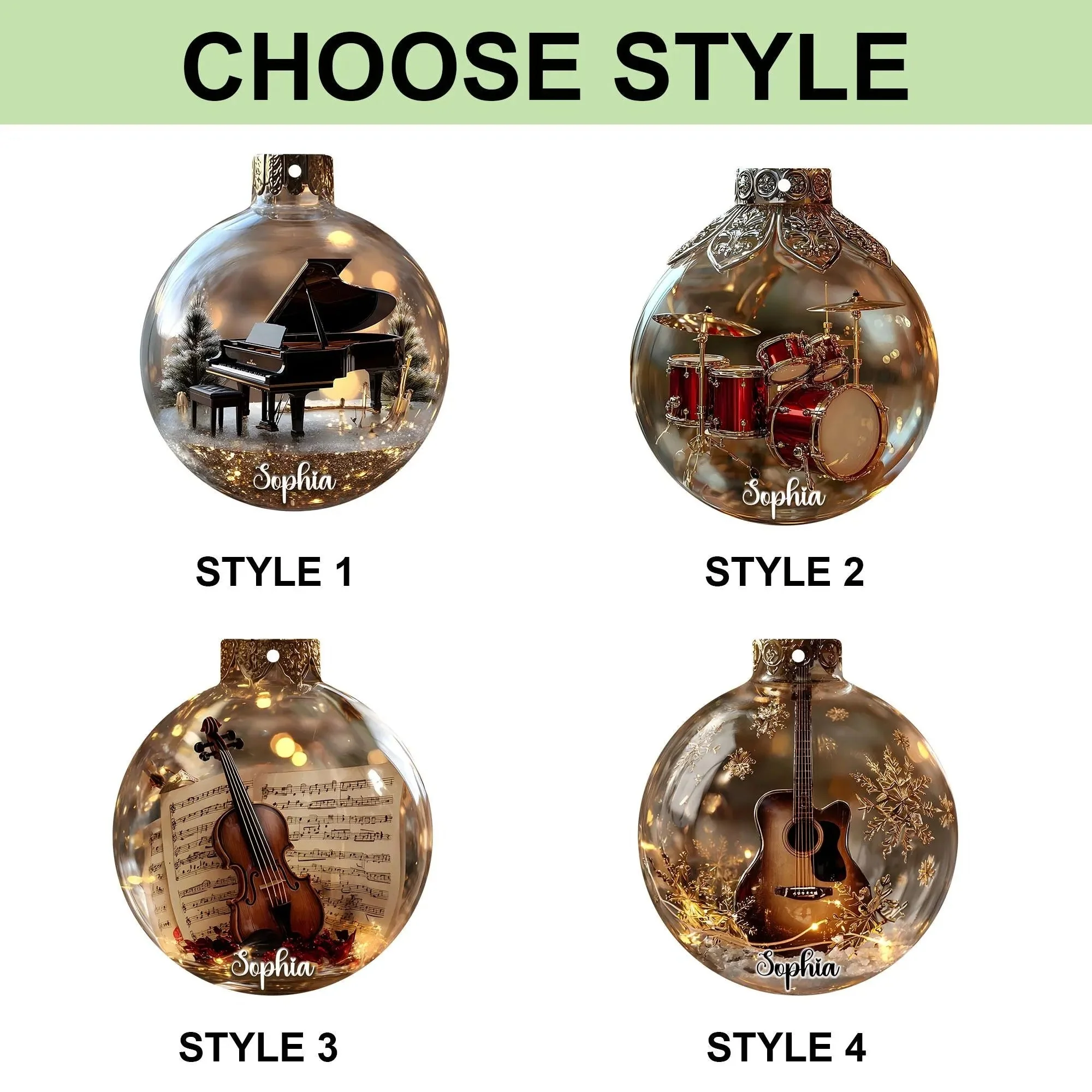 Personalized Music Instruments Piano, Violin, Drum & Guitar Globe Ornament - Image 3