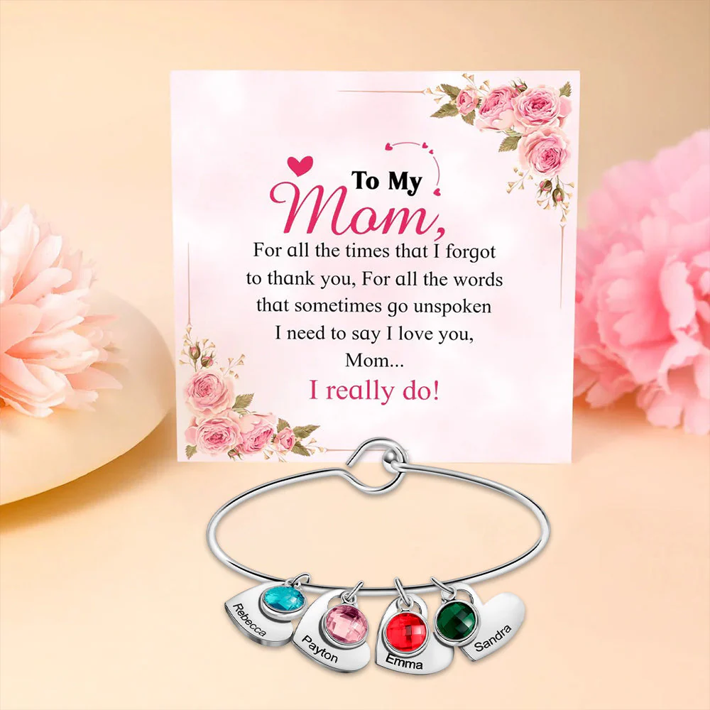 Personalized Name & Birthstone Family Bangle Heart Bracelet - For Mom/Grandma - Image 2