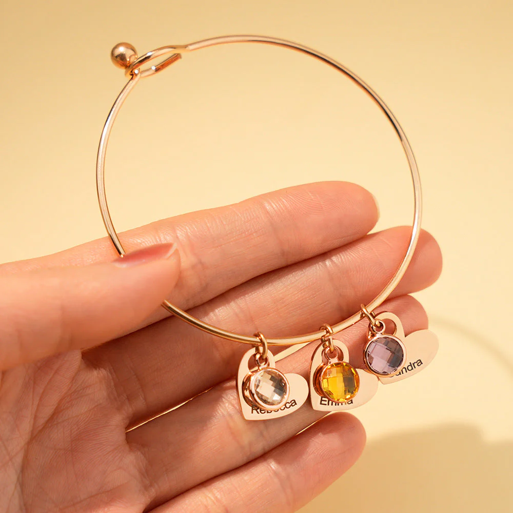 Personalized Name & Birthstone Family Bangle Heart Bracelet - For Mom/Grandma - Image 4
