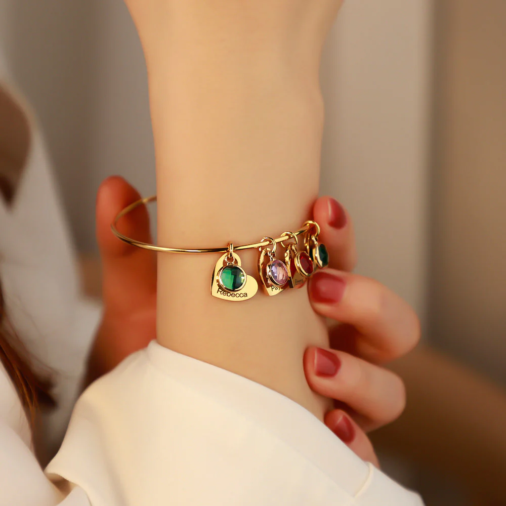Personalized Name & Birthstone Family Bangle Heart Bracelet - For Mom/Grandma - Image 5